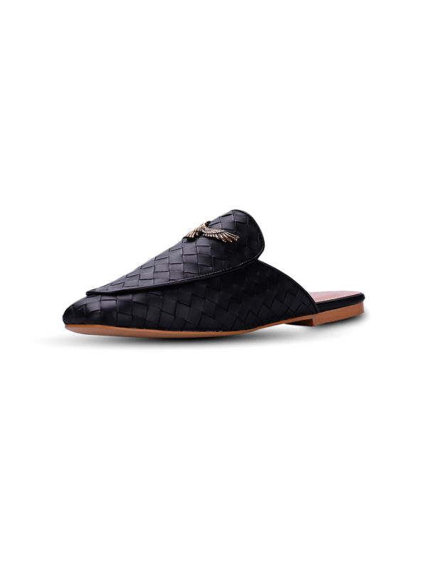 Woven Leather Mules with Eagle Plaque