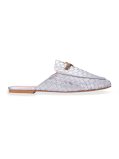 Croc Effect Silver Sandals with Block Heels and Eagle Plaque