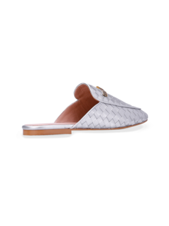 Croc Effect Silver Sandals with Block Heels and Eagle Plaque