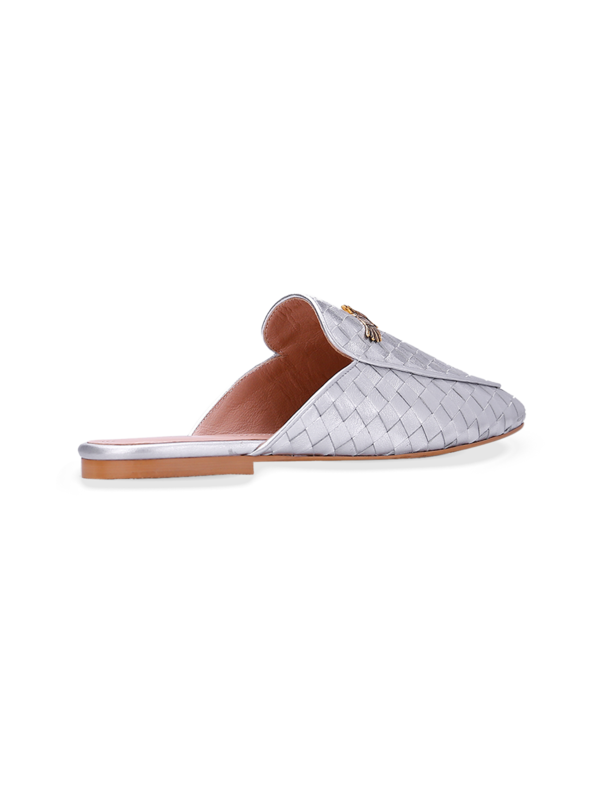 Croc Effect Silver Sandals with Block Heels and Eagle Plaque