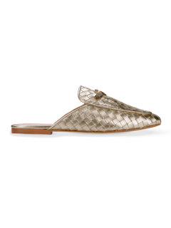 Woven Patent Gold Mules with Eagle Plaque
