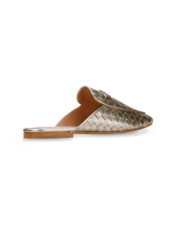 Woven Patent Gold Mules with Eagle Plaque