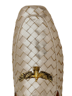 Woven Patent Gold Mules with Eagle Plaque