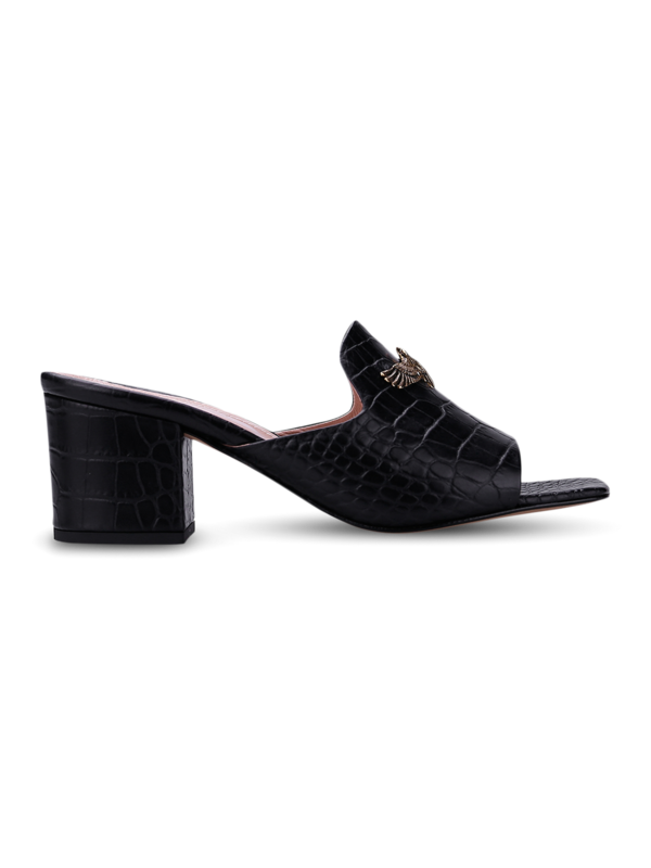 Croc Effect Sandals with Block Heels and Eagle Plaque