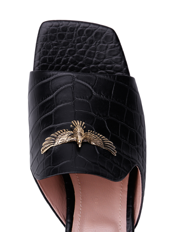 Croc Effect Sandals with Block Heels and Eagle Plaque