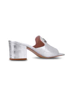 Woven Patent Silver Mules with Eagle Plaque