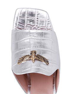 Woven Patent Silver Mules with Eagle Plaque