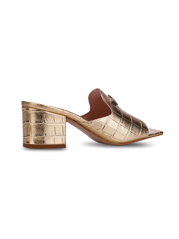 Croc Effect Gold Sandals with Block Heels and Eagle Plaque