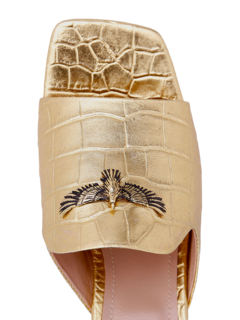 Croc Effect Gold Sandals with Block Heels and Eagle Plaque