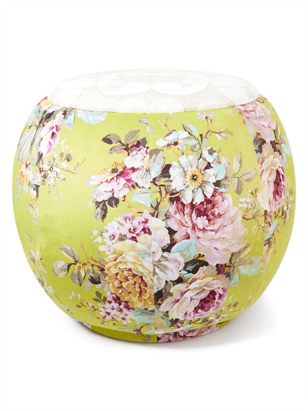 The Queen Pouf Chair : Light Green Velvet Spring Flowers with Cream Designer Canvas Top