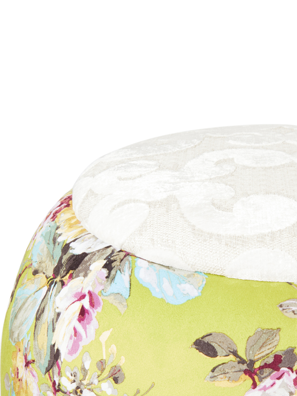 The Queen Pouf Chair : Light Green Velvet Spring Flowers with Cream Designer Canvas Top