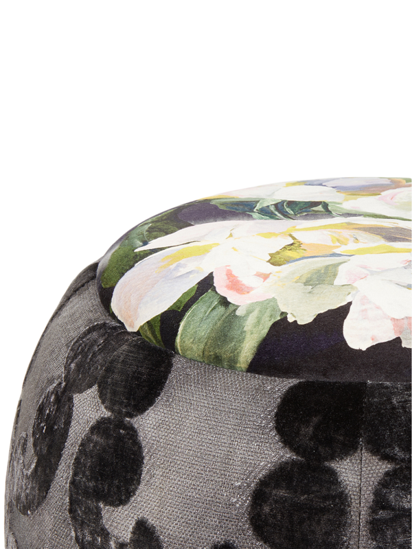 The Queen Pouf Chair : Designer Black Velvet on Black Washed Canvas with lg Floral Top
