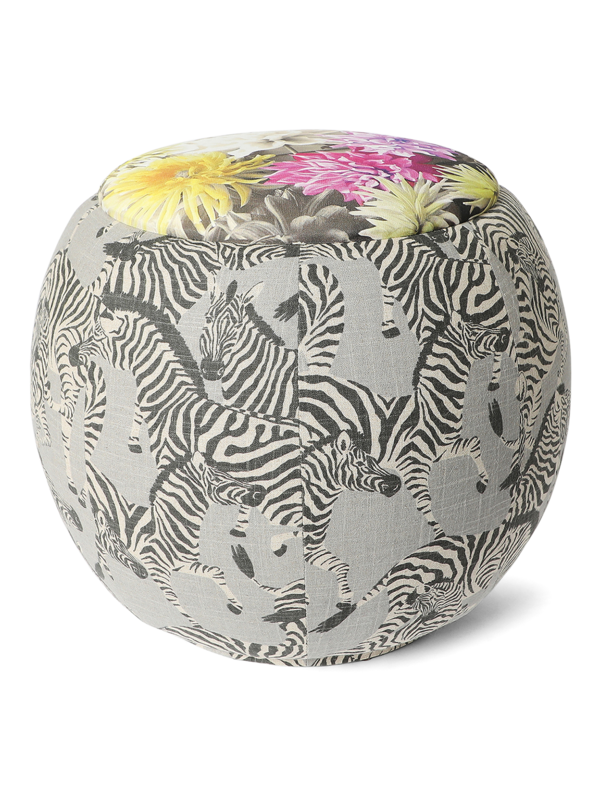 The Queen Pouf Chair : Linen Dancing Zebras with Designer Funky Floral Top