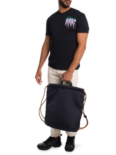 Blue-Black Backpack With Brown Drawstring
