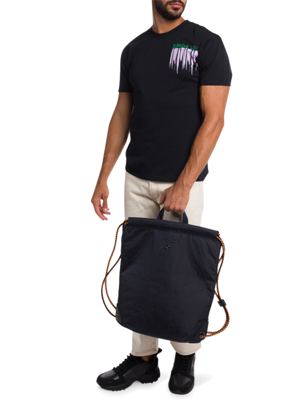 Blue-Black Backpack With Brown Drawstring