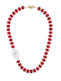 Red and White Beaded Necklace with Baroque Pearl