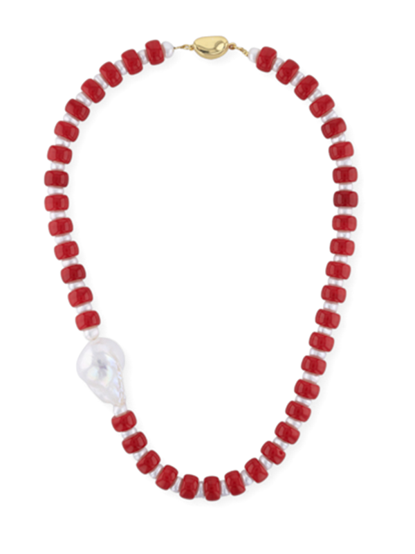 Red and White Beaded Necklace with Baroque Pearl