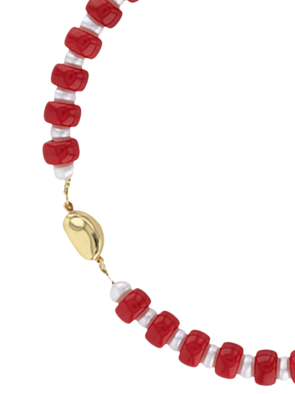 Red and White Beaded Necklace with Baroque Pearl