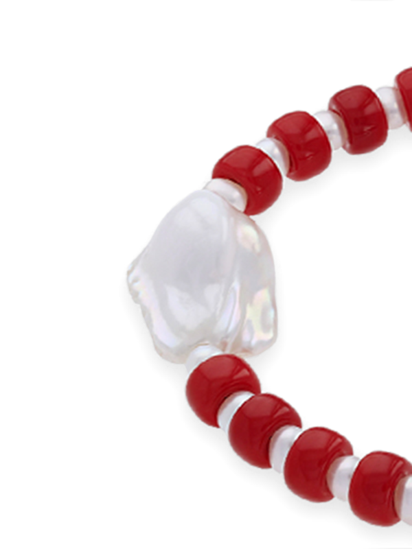Red and White Beaded Necklace with Baroque Pearl