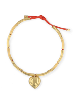 Orange Cord Necklace with Gold Pipe Beads and Heart Pendant