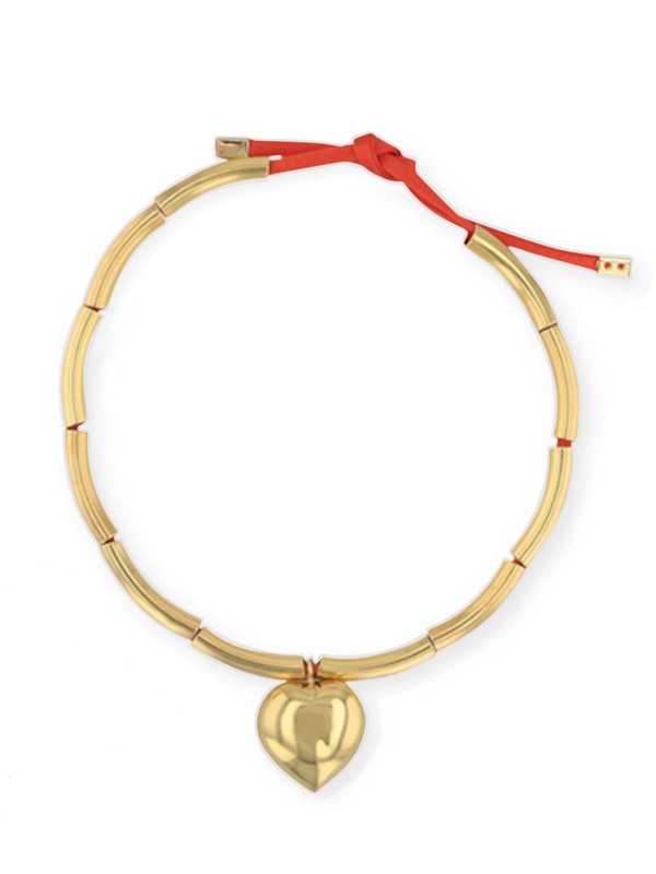 Orange Cord Necklace with Gold Pipe Beads and Heart Pendant