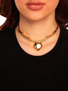 Orange Cord Necklace with Gold Pipe Beads and Heart Pendant