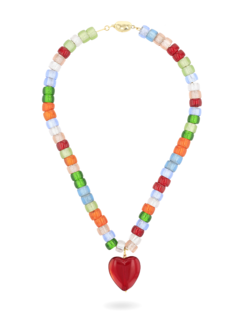 Multicolored Beaded Necklace with Red Heart Pendant