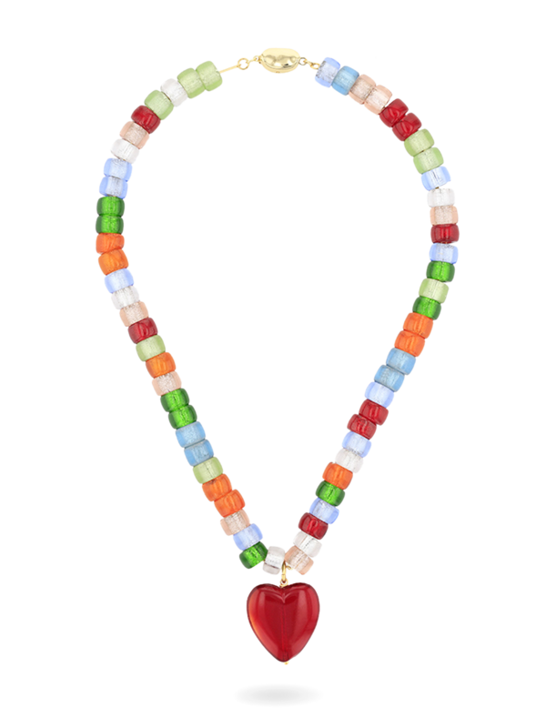 Multicolored Beaded Necklace with Red Heart Pendant