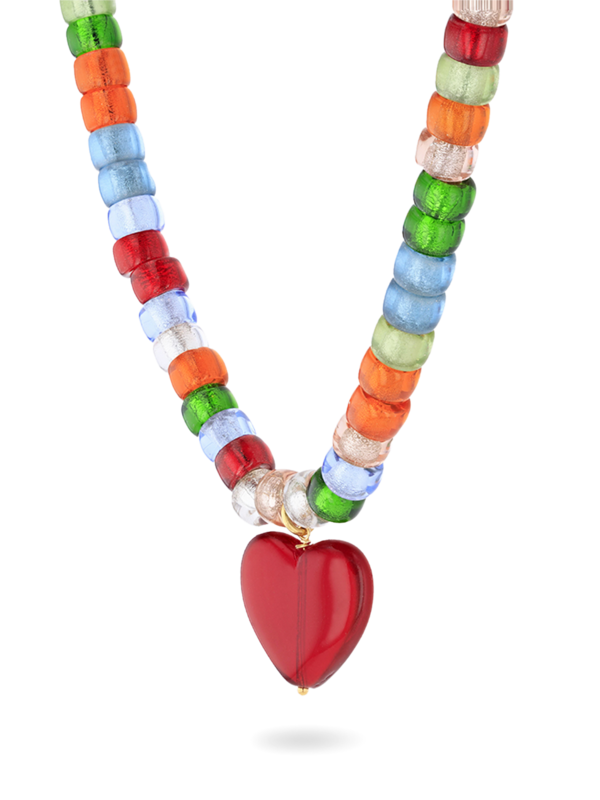 Multicolored Beaded Necklace with Red Heart Pendant