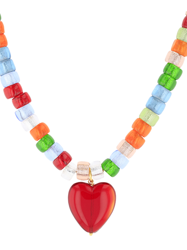 Multicolored Beaded Necklace with Red Heart Pendant