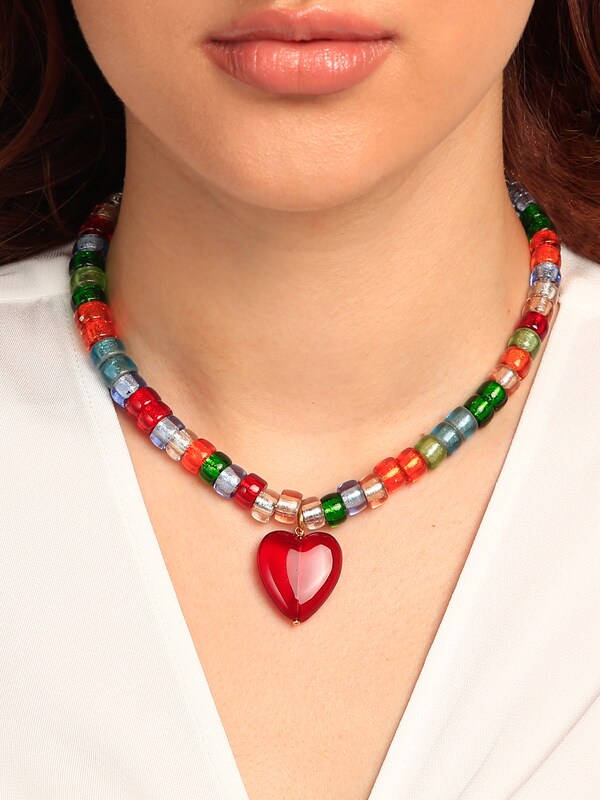 Multicolored Beaded Necklace with Red Heart Pendant