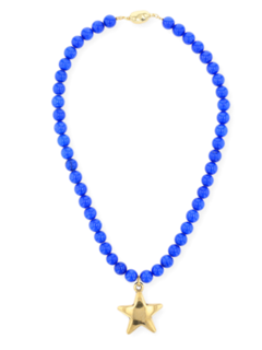 Blue Beaded Necklace with Gold Star Pendant