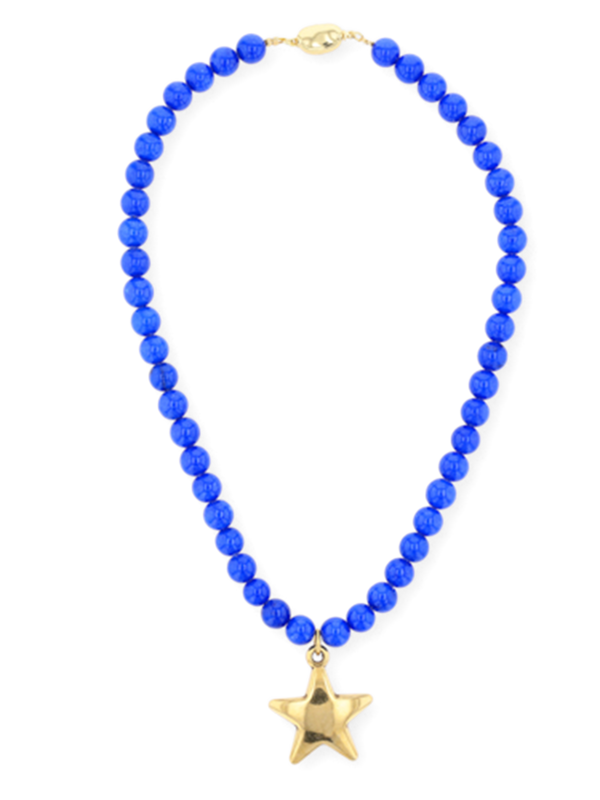 Blue Beaded Necklace with Gold Star Pendant