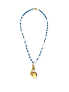 Blue and White Beaded Necklace with Double Gold Pendants