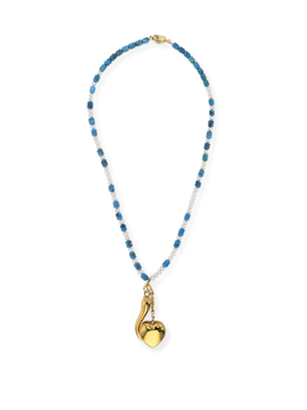 Blue and White Beaded Necklace with Double Gold Pendants
