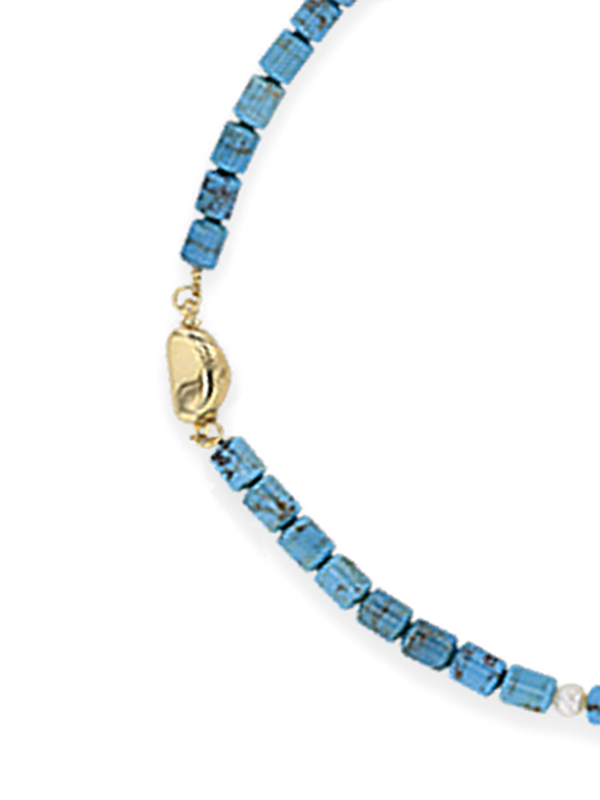 Blue and White Beaded Necklace with Double Gold Pendants