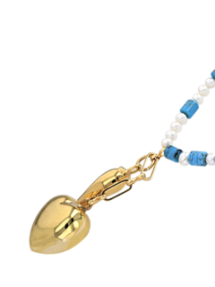 Blue and White Beaded Necklace with Double Gold Pendants