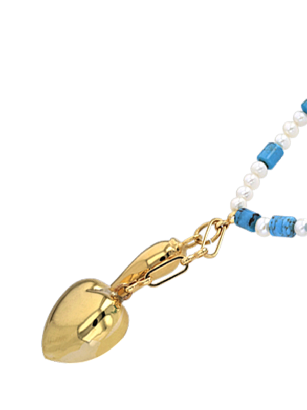 Blue and White Beaded Necklace with Double Gold Pendants