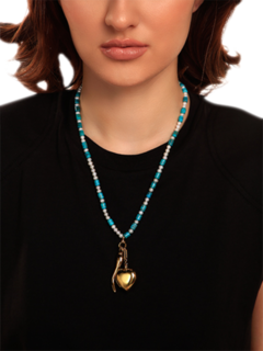 Blue and White Beaded Necklace with Double Gold Pendants