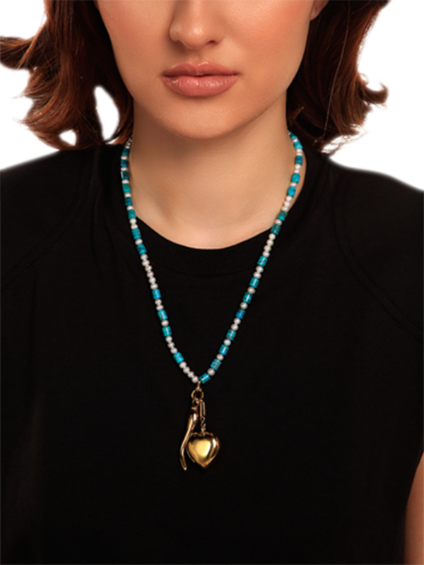 Blue and White Beaded Necklace with Double Gold Pendants