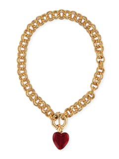 Yellow Gold Thick Chain Necklace with Red Heart Pendant