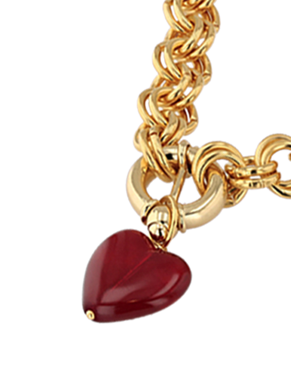 Yellow Gold Thick Chain Necklace with Red Heart Pendant