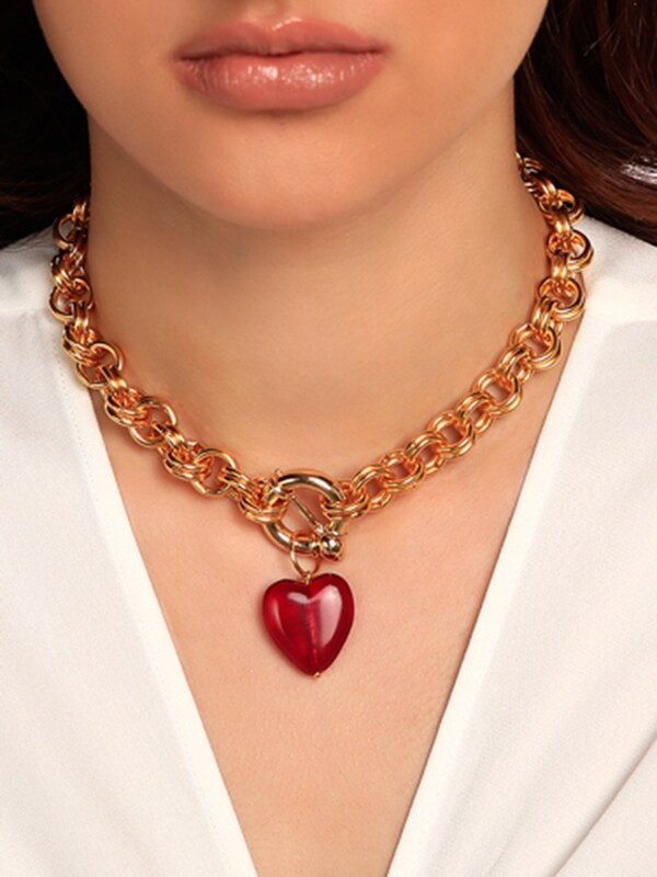 Yellow Gold Thick Chain Necklace with Red Heart Pendant