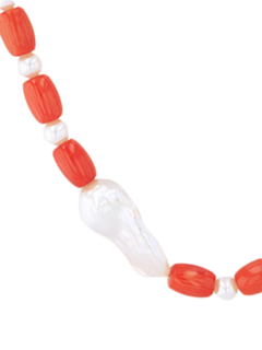 Red and White Beaded Necklace with Baroque Pearl