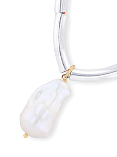 Orange Cord Necklace with Silver Pipe Beads and Pearl Pendant