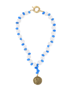 Blue and White Beaded Necklace with Gold Pendant