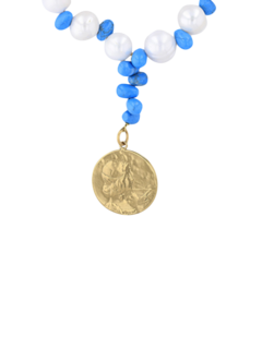 Blue and White Beaded Necklace with Gold Pendant