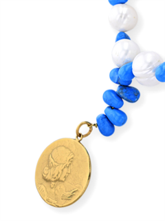 Blue and White Beaded Necklace with Gold Pendant