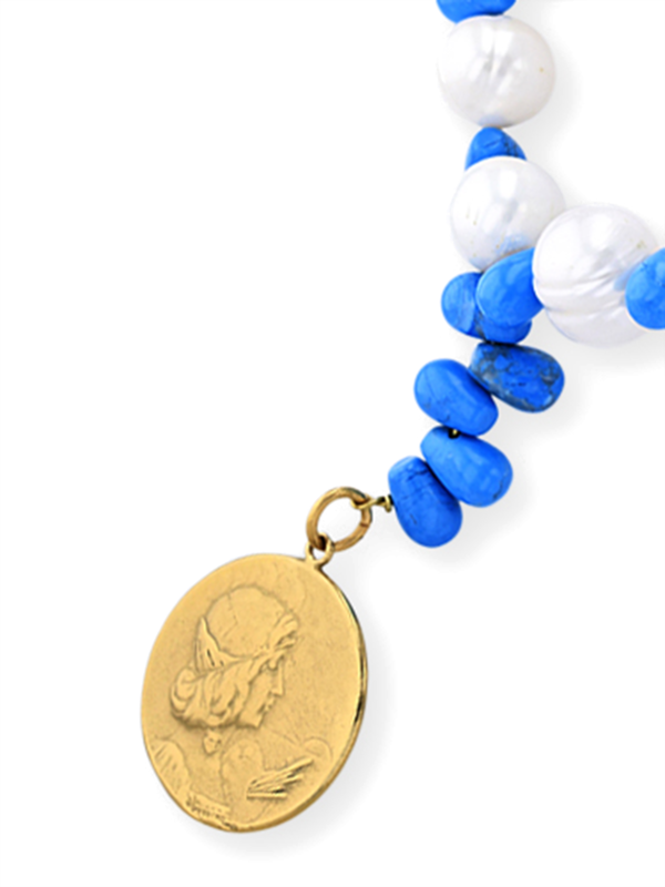 Blue and White Beaded Necklace with Gold Pendant