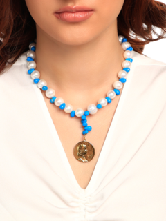 Blue and White Beaded Necklace with Gold Pendant